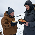 **

A split-screen image. One side shows a frustrated new player wasting resources in a survival game. The other side shows an experienced player strategically managing wood, stone, and food.

**