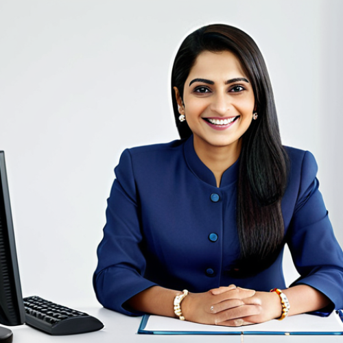 Home 4 **
A professional businesswoman, fully clothed in a modest, elegant salwar kameez, sitting at a clean desk in a bright, modern office. She is smiling warmly. Appropriate attire, safe for work, perfect anatomy, natural proportions, professional, family-friendly, high quality, studio lighting.
**